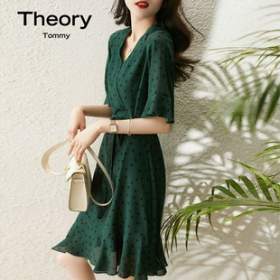 Theory Tommy夏季新款波点真丝连衣裙丝绸女装桑蚕丝中长款裙子