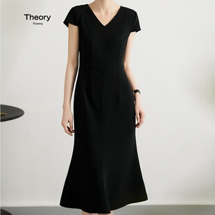 Theory Tommy25夏款三醋酸连衣裙高级感鱼尾裙子收腰中长黑色女装