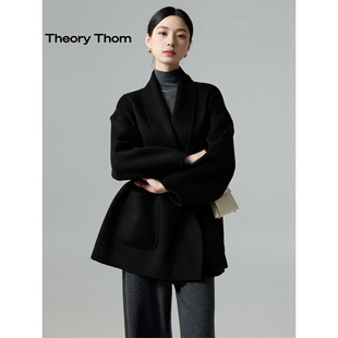 theory thom2025秋冬黑色短款系带双面羊绒大衣高端羊毛外套女
