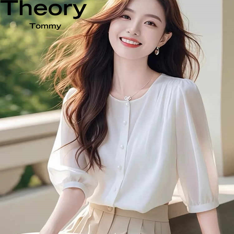Theory Tommy白色衬衫2025夏季法式气质五分袖薄款圆领雪纺上衣女