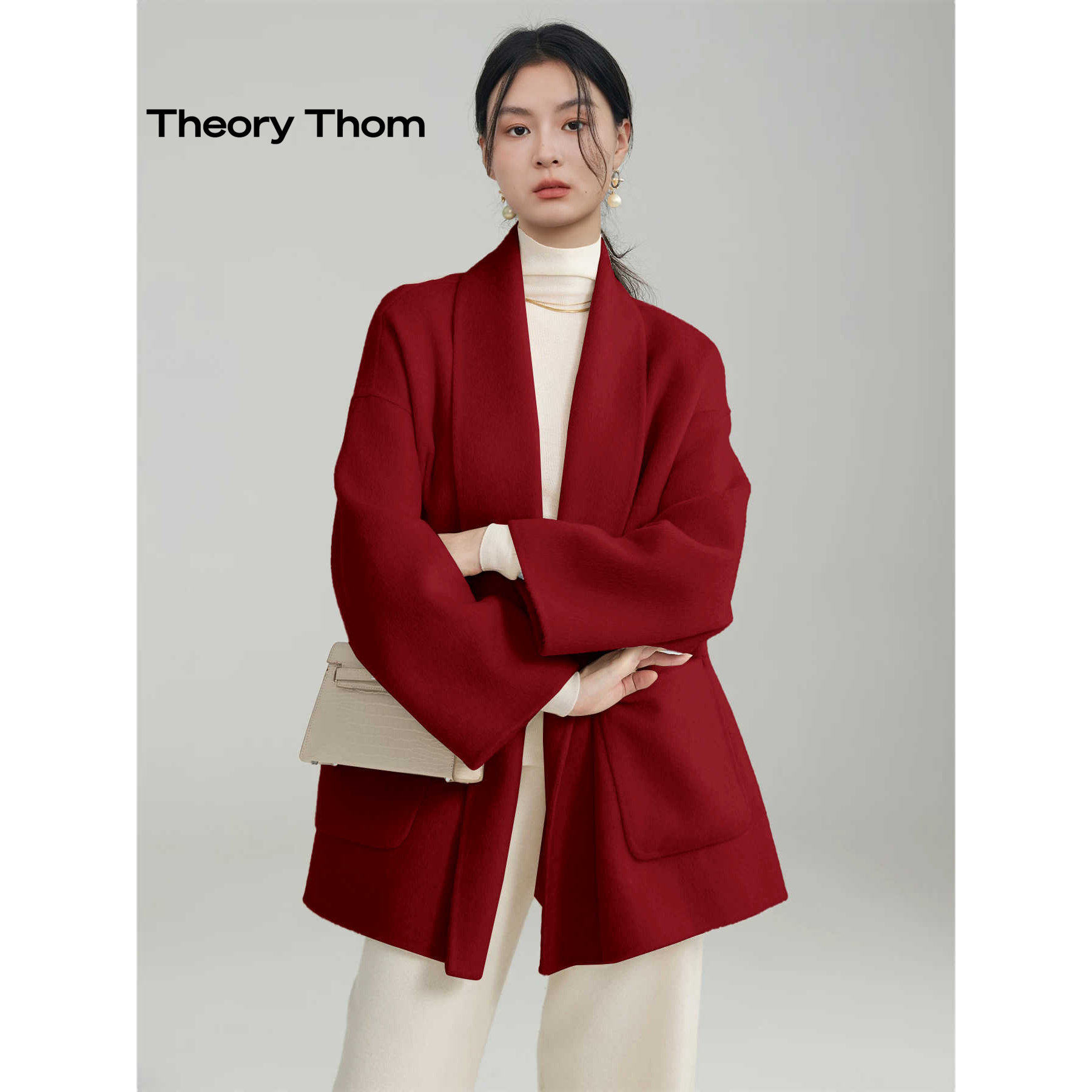 theory thom红色双面羊绒2025新款高级感大衣系带短款羊毛呢外套,女装/女士精品,羊绒衫,淘宝优惠券,粉丝福利购,淘宝优惠卷