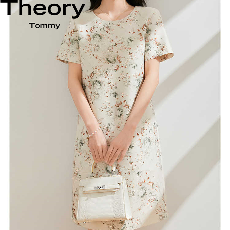 Theory Tommy2025新款国风淡雅印花圆领小个子显瘦短袖碎花连衣裙