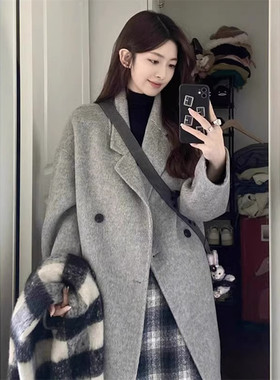 Theory Tommy2023冬灰色双面羊绒大衣女宽松茧型中长款羊毛呢外套