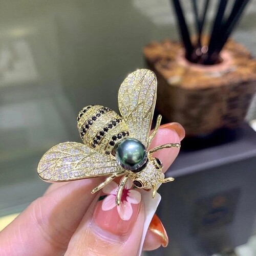 蜜蜂黑珍珠胸针 大溪地黑色海水珍珠胸花别针 丝巾扣 领扣