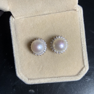 满钻王妃款诸暨珍珠戴妃款白色天然珍珠耳钉纯银太阳花珍珠耳环