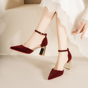 7500H红色秀禾婚鞋一字带高跟鞋女粗跟中式礼服鞋不累脚新娘鞋