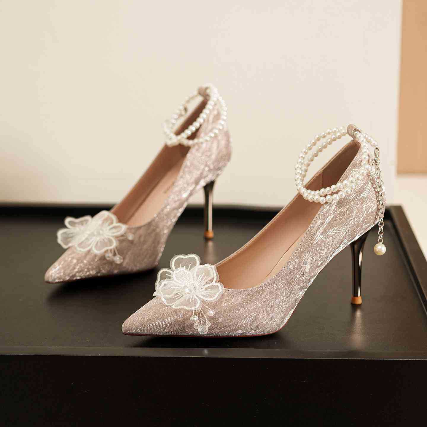 6681Y-201法式花朵珍珠链婚鞋女新娘鞋婚纱两穿成人礼高跟鞋细跟