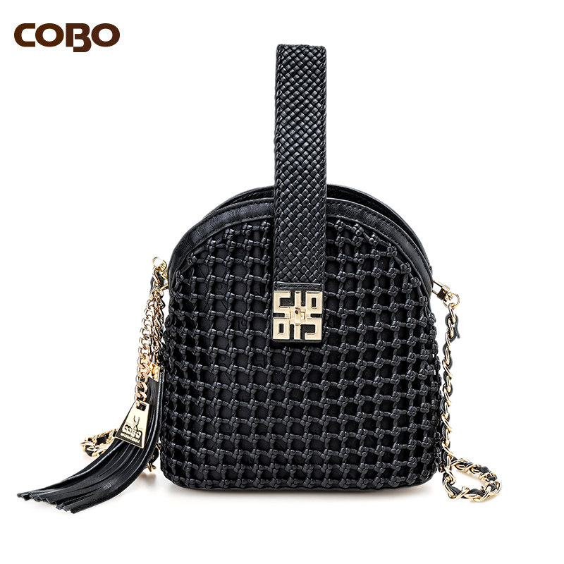 COBO/蔻尔宝头层牛皮手工编织手提单肩斜挎时尚休闲贝壳包