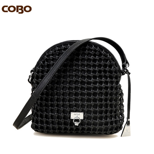 COBO/蔻尔宝头层牛皮手工编织女包 欧美立体编织包单肩斜挎贝壳包