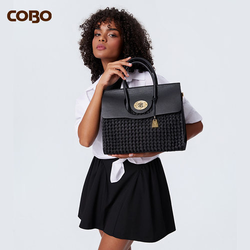 COBO/蔻尔宝品头层牛皮时尚单肩手提斜挎手工编织女包