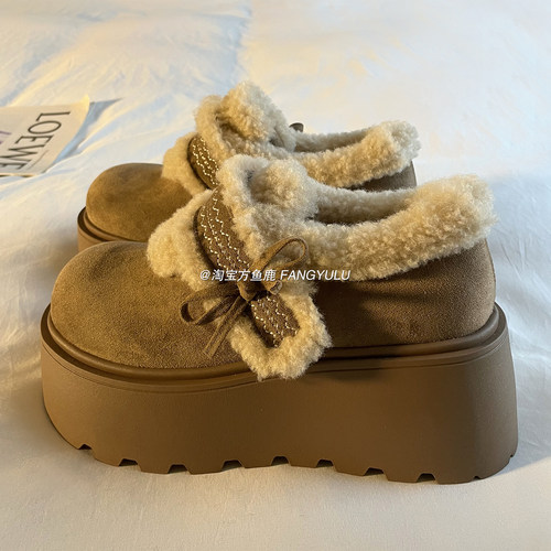 方鱼鹿 小个子增高加绒乐福鞋女2025冬季新款韩版保暖毛毛勃肯鞋