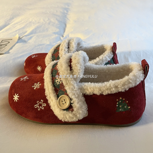 魔术贴可爱毛毛懒人棉鞋 女2025冬季 ins 圣诞加绒保暖勃肯鞋 方鱼鹿