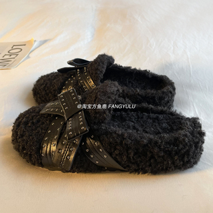 配裙子百搭chic厚底勃肯棉鞋 女2025冬季 加绒保暖毛毛拖鞋 方鱼鹿