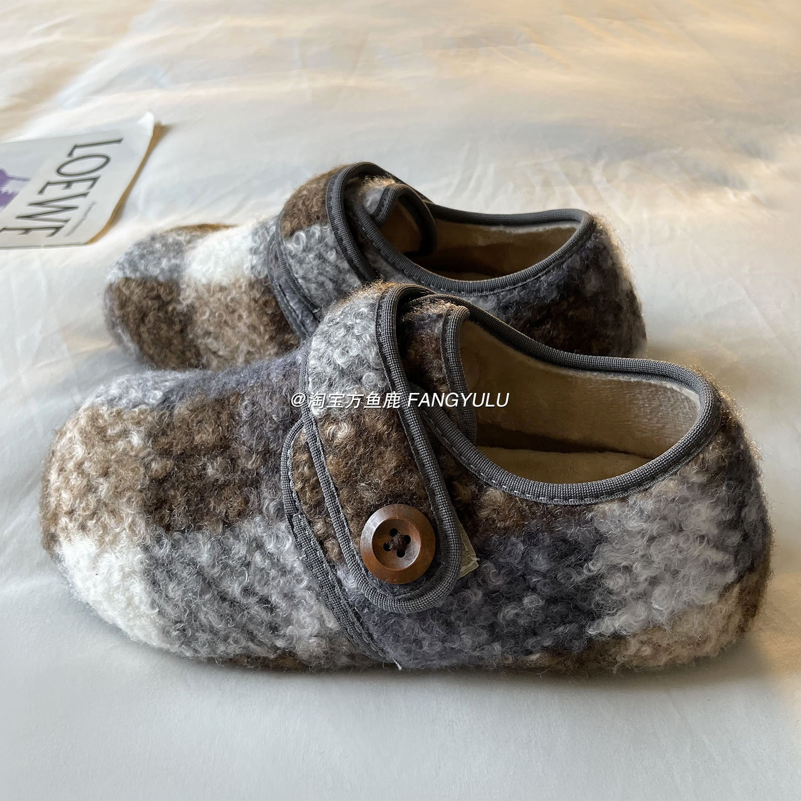 方鱼鹿 ins韩版加绒保暖毛毛鞋女2025冬季魔术贴羊羔毛包跟勃肯鞋