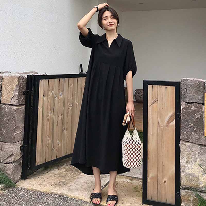 连衣裙女夏胖mm大码女装宽松显瘦复古黑色过膝短袖雪纺长裙遮肚子