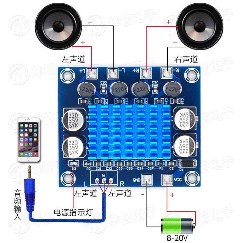 XH-A232 高清数字音频功放板mp3放大模块8V-20V扩音板双声道30W