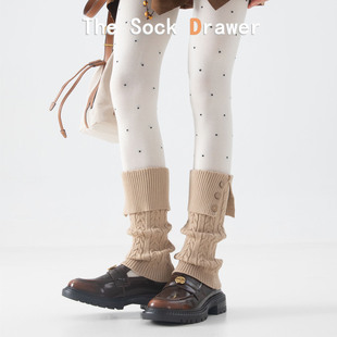 棕色立体麻花浮雕袜套女秋冬加厚保暖翻边纽扣开口羊毛堆堆袜腿套