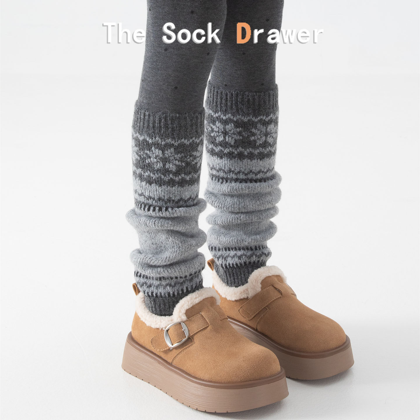 发热羊毛腿套堆堆袜女冬天加厚保暖费尔岛灰色雪花针织袜套学院风