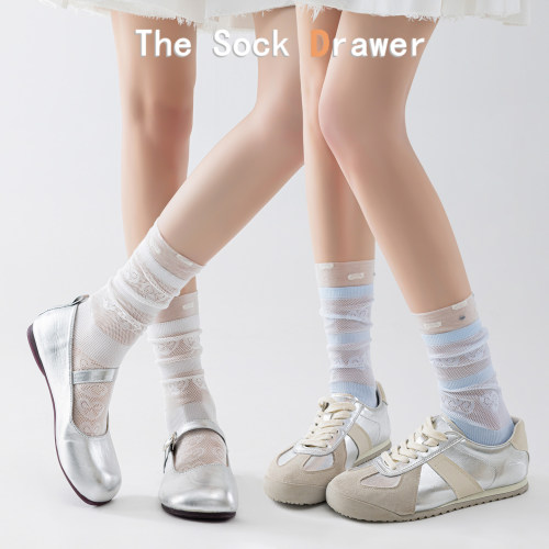 日系甜美蕾丝蝴蝶结堆堆袜女士春夏款网眼透气蓝色爱心中筒长袜