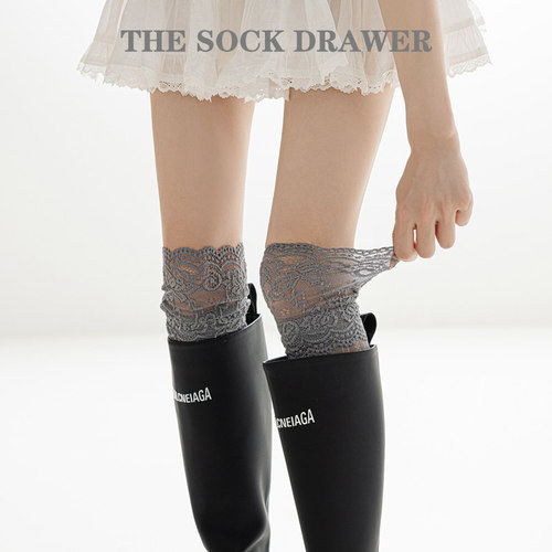 日系灰色蕾丝拼接及膝袜女靴袜白色jk堆堆长筒袜春夏季薄款袜子女