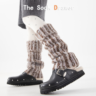 羊毛袜套女秋冬加厚保暖翻边卷边条纹毛绒小腿堆堆腿套韩国东大门