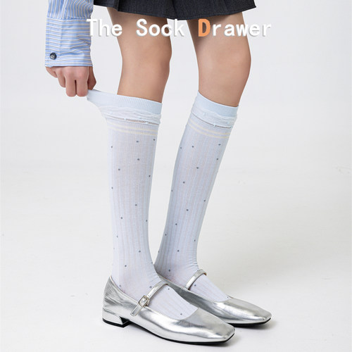 蓝色波点小腿袜女miu系芭蕾风长筒袜子纯色竖纹及膝高筒长袜春夏