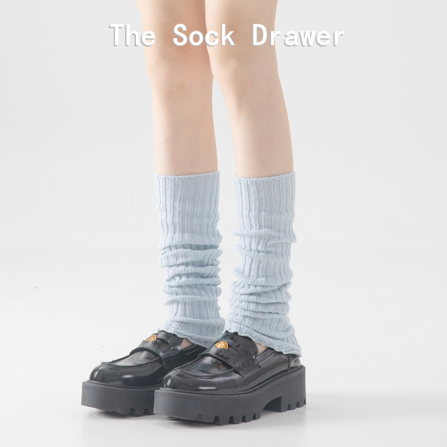 双针蓝色冬天袜套女花边羊毛保暖小腿堆堆袜腿套配乐福鞋的袜子