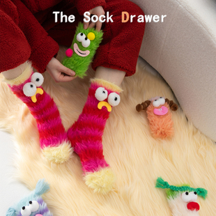 可爱卡通表情饰品中筒袜女秋冬加厚保暖居家睡眠地板袜珊瑚绒长袜