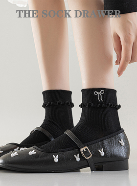 miu系蝴蝶结袜子黑色短筒袜无骨纯棉夏季芭蕾风刺绣花边中筒袜女