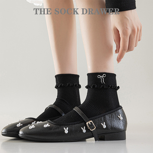 miu系蝴蝶结袜子黑色短筒袜无骨纯棉夏季 芭蕾风刺绣花边中筒袜女