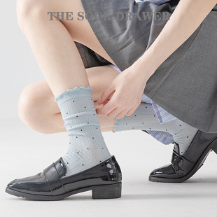 网眼透气中筒袜波点蓝色堆堆袜子配小皮鞋 泡泡口袜子女夏季 薄款