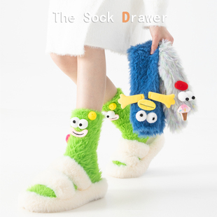 水貂绒中筒袜女丑萌搞怪表情袜子秋冬加厚保暖地板袜居家睡眠长袜