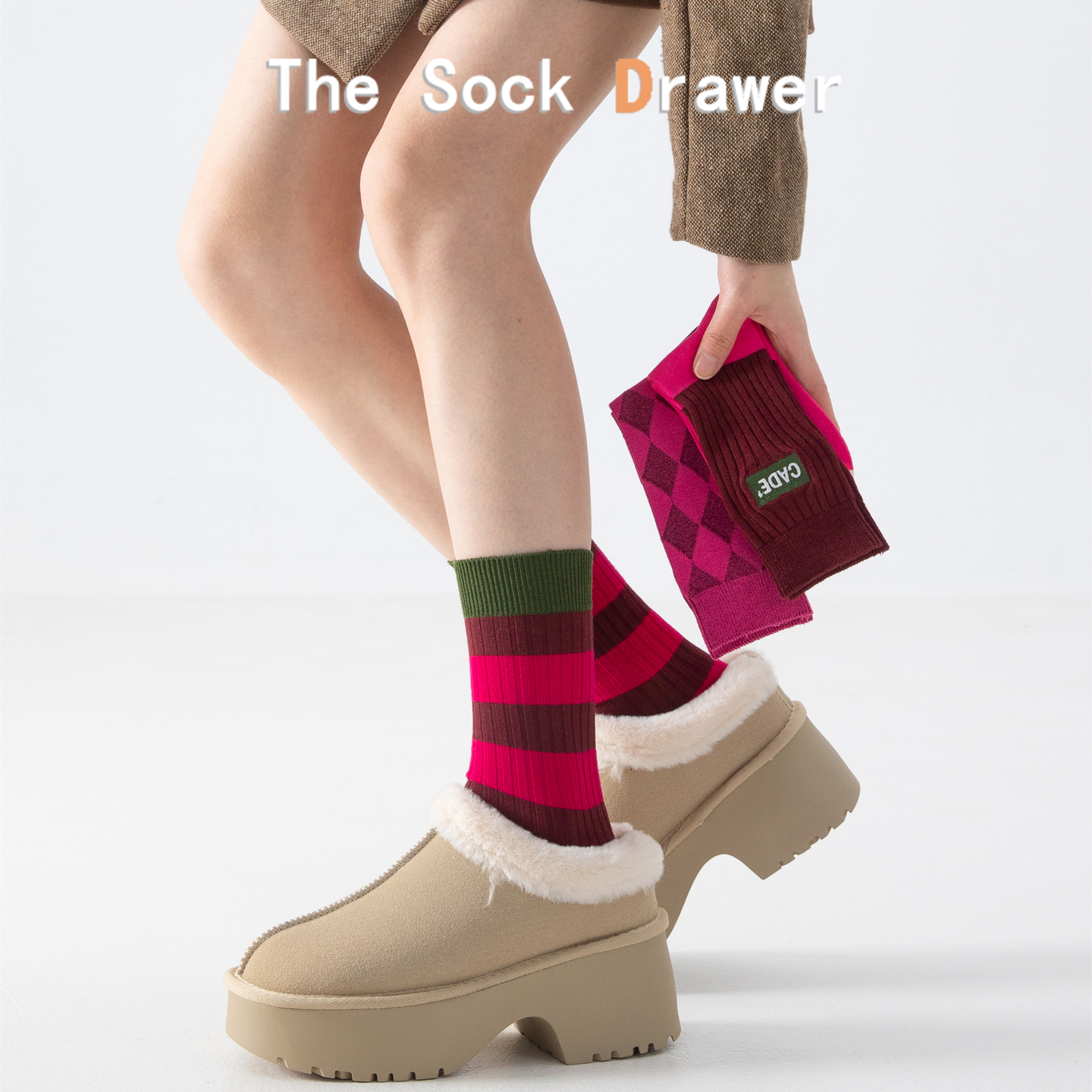 多巴胺玫红色双针双路复古撞色刺绣条纹堆堆袜韩版潮牌中筒袜女