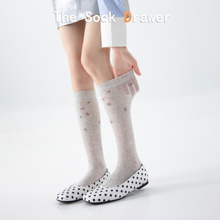 日系碎花小腿袜女夏季 卷边及膝长筒袜子镂空网眼透气堆堆袜薄款