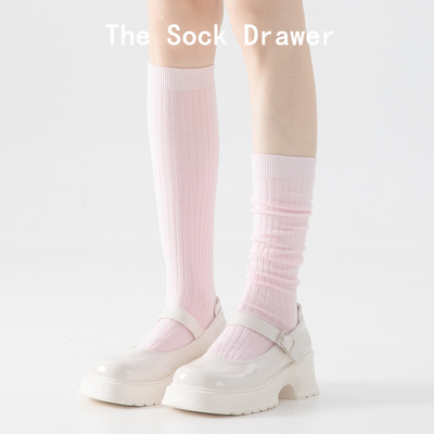 粉色堆堆袜女韩版长筒袜子坑条压力显瘦小腿袜秋配玛丽珍鞋的袜子