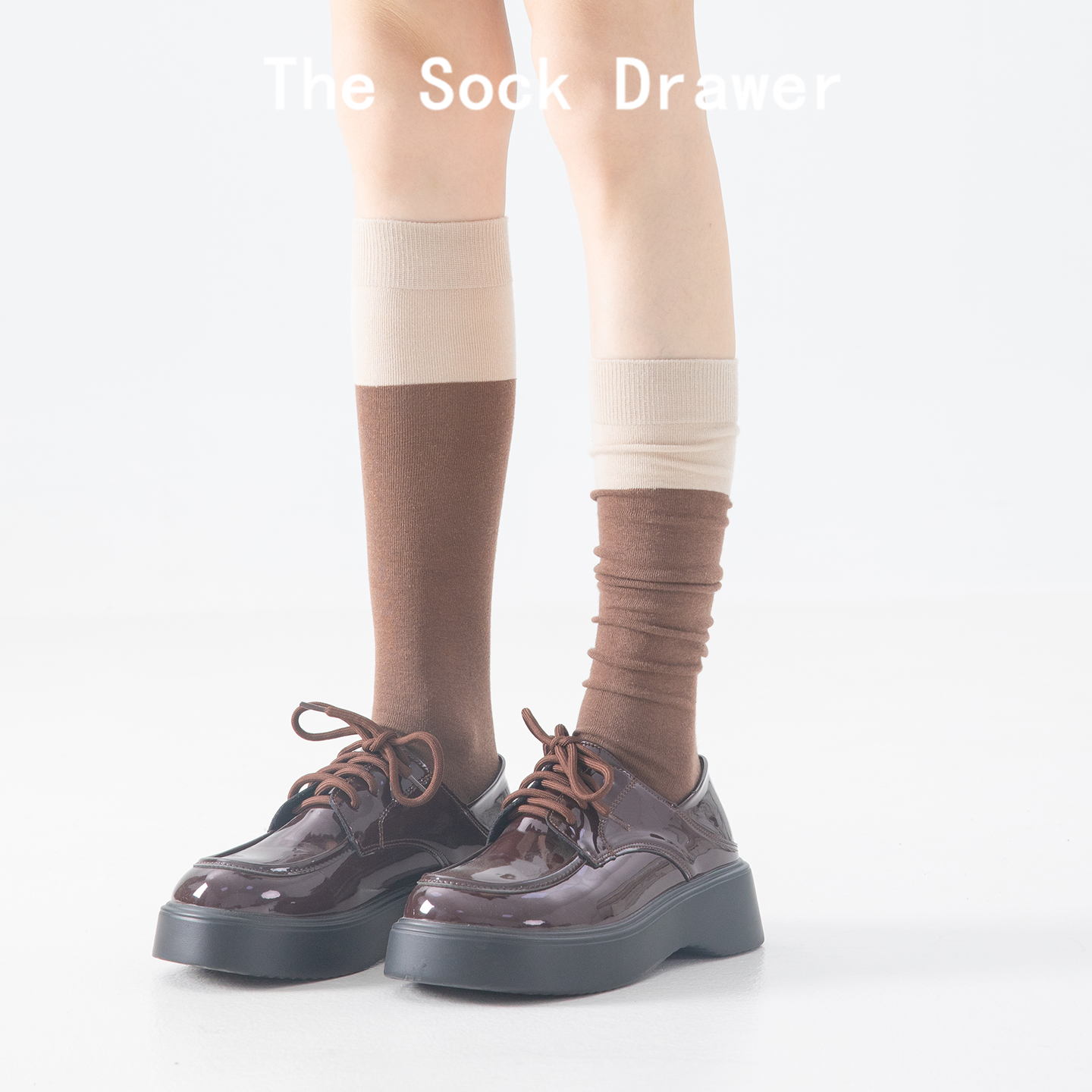 美拉德棕色堆堆袜女秋季外穿日系jk学院风高筒小腿袜拼色长筒袜子