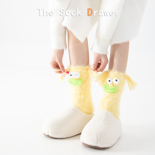 居家睡眠地板袜女冬天加厚保暖黄色丑萌搞怪表情袜可爱卡通中筒袜