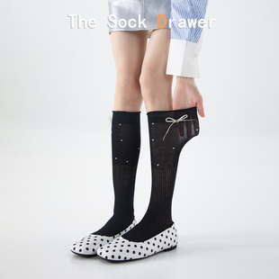 miu系芭蕾风黑色小腿袜女夏季 卷边波点袜竖纹坑条蝴蝶结长袜 薄款
