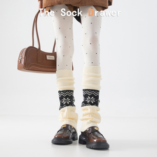 复古费尔岛雪花堆堆袜腿套女冬天保暖加厚白色小腿袜叠穿护腿套
