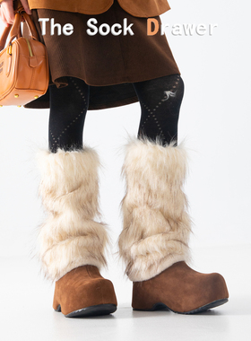 日系原宿风袜套女冬天加厚保暖y2k辣妹米色渐变皮草毛毛堆袜腿套