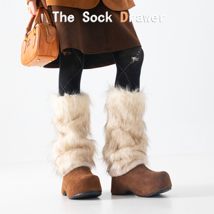 日系原宿风袜套女冬天加厚保暖y2k辣妹米色渐变皮草毛毛堆袜腿套