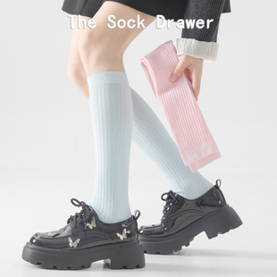 袜子女及膝长筒小腿袜秋日系jk原宿风竖纹蓝色半腿高筒堆堆袜纯棉