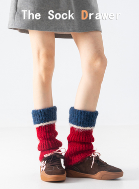 复古拼色羊绒堆堆腿套女秋冬季新款加厚保暖安哥拉红色羊毛袜套