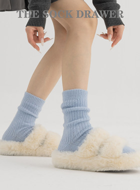 冬季加厚袜女保暖厚袜子羊绒女士中筒美利奴羊毛秋冬蓝色松口长袜