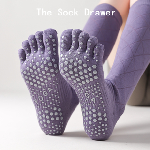 紫色长筒运动袜子女春秋款 压力小腿袜子健身瑜伽袜防滑跑步五指袜