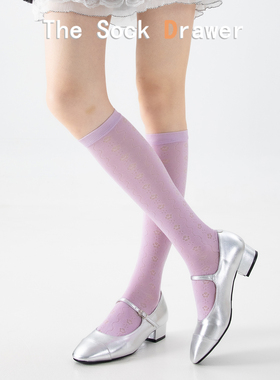 紫色袜子小腿袜女春夏薄款堆堆袜多巴胺花朵miu系纯棉长袜高筒袜