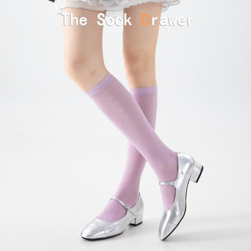 紫色袜子小腿袜女春夏薄款堆堆袜多巴胺花朵miu系纯棉长袜高筒袜