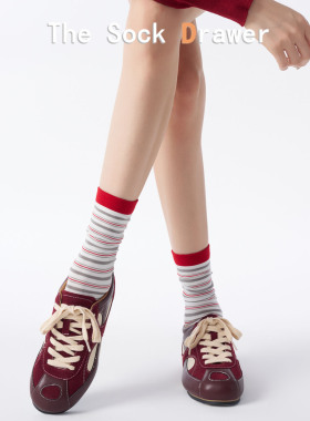 袜子女中筒春夏季红色个性拼色不规则细条纹袜子韩版ins潮堆堆袜