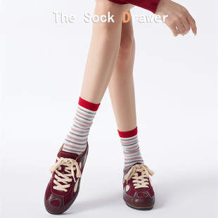 拼色不规则细条纹袜子韩版 ins潮堆堆袜 红色个性 袜子女中筒春夏季