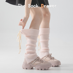 miu里miu气袜套日韩风粉色小腿堆堆袜女翻边微喇系带蝴蝶结腿套